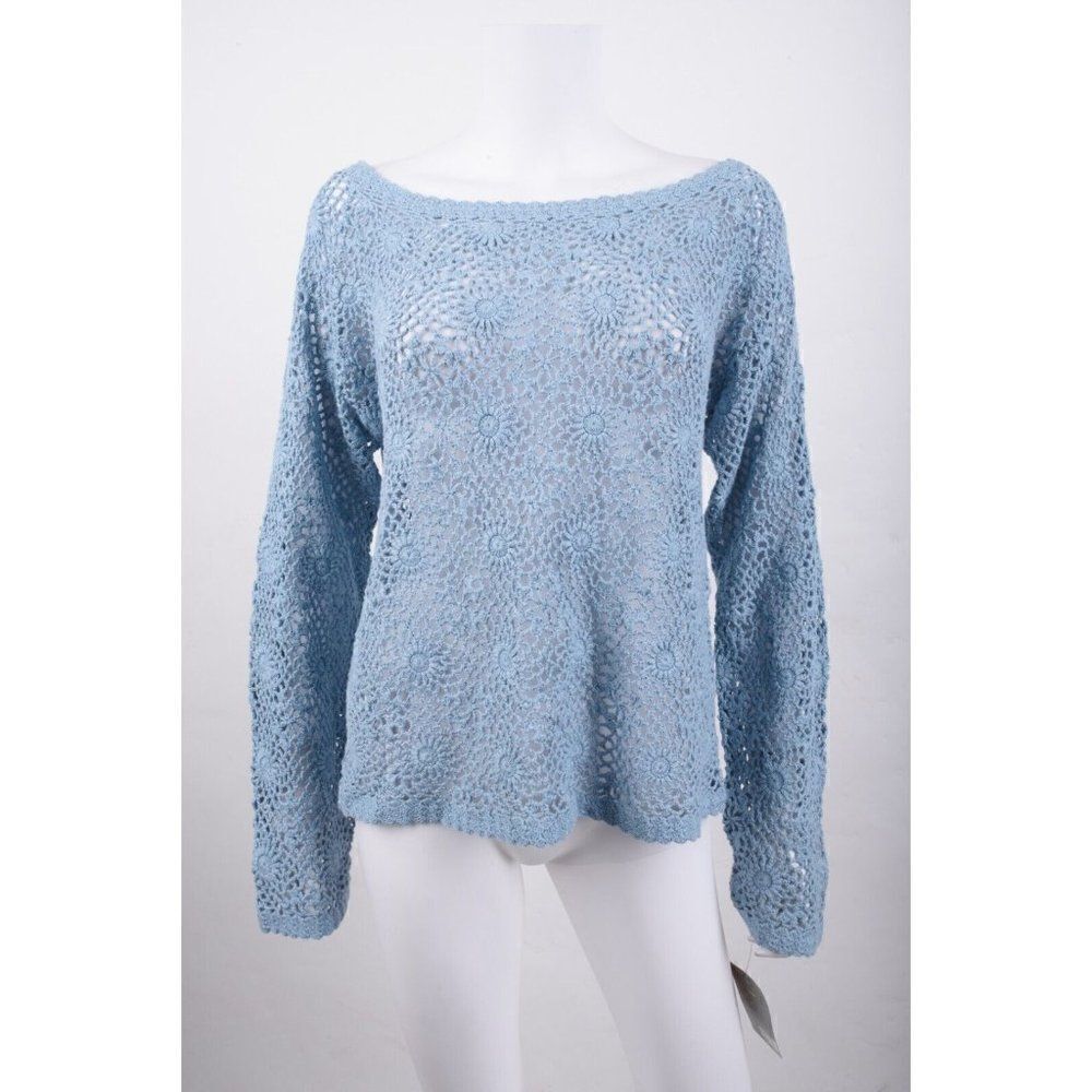 Vintage ESPRIT Womens Sweater L Blue Crochet Pullover Boat neck 90s NWT